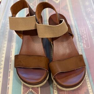 MIA Brown Leather Wedge Sandals with Tan Elastic Strap